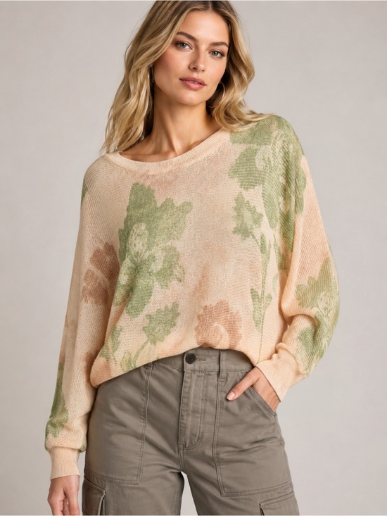 Anthropologie Sweaters - Anthropologie Printed-Linen Pullover Sweater Cream Peach Pink Floral Lightweight